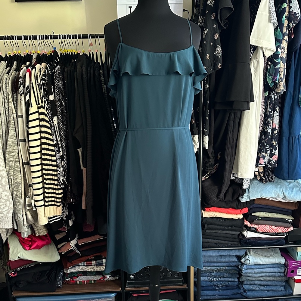 LOFT Blue Midi Dress with Ruffle Detail - Picture 2 of 12